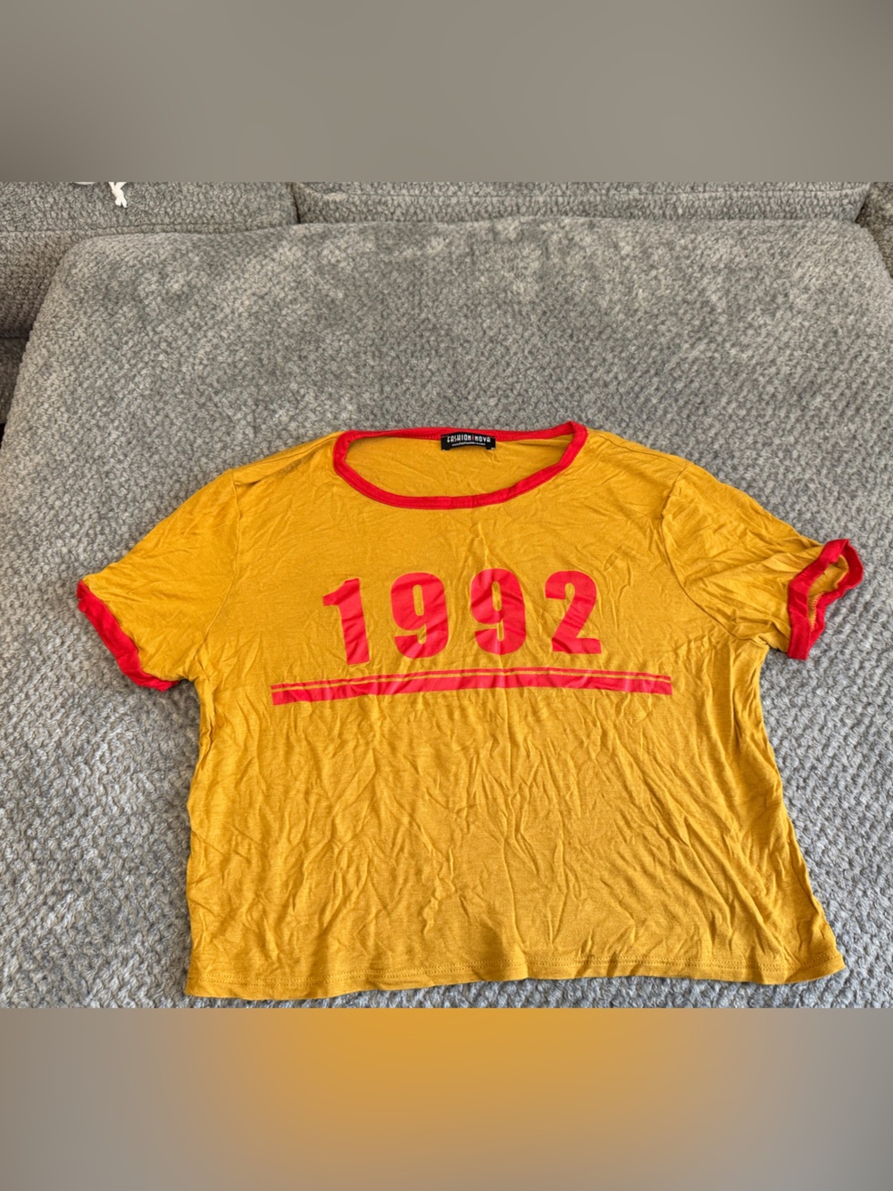 Fashion Nova Yellow '1992' Ringer Tee with Red Trim